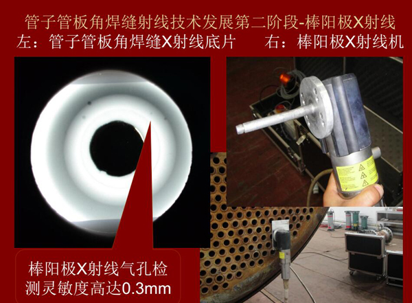 管子管板角焊縫射線技術發展第二階段：棒陽極X射線，棒陽極X射線采用棒陽極X射線機，其氣孔檢測靈敏可高達0.3mm