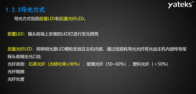導(dǎo)光方式包括前置LED和后置光纖LED，前置LED：鏡頭前端上安裝的LED燈進(jìn)行發(fā)光照亮，后置光纖LED：將照明光源LED顆粒安放在主機(jī)內(nèi)部， 通過(guò)低損耗導(dǎo)光光纖將光由主機(jī)內(nèi)部傳導(dǎo)至探頭前端出光口處